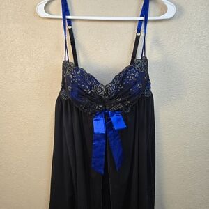 Cacique Black and Blue Lace Babydoll with Satin Bow 22/24 (5598)